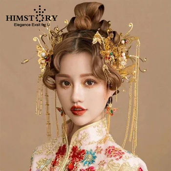 HIMSTORY Stil Chinezesc Costum de Nunta de Păr, Diademe de Aur Tradiționale de Culoare Mirese Bentita Printesa Ciucure Lung Regina Coroana de Păr 31319