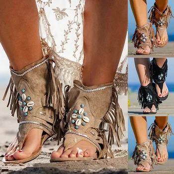 Toamna Retro Femei Franjuri Flori Pene Cizme Pantofi 2020 Solid Turma Beach Sandale Casual Pentru Femei Vara Sandale Flip Flop 36181