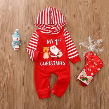 Noua Mea 1 Haine de Crăciun Copil Nou-născut Băieți Fete cu Gluga Salopetă Mânecă Lungă imprimate cu Dungi Jumspuit Crăciun Îmbrăcăminte 0-12M 63721